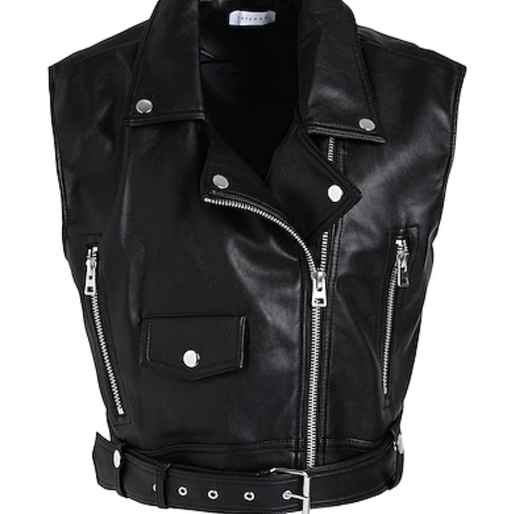 NWT TOPSHOP Women’s Faux Leather Biker Vest Full Zip Black Silver Size 10